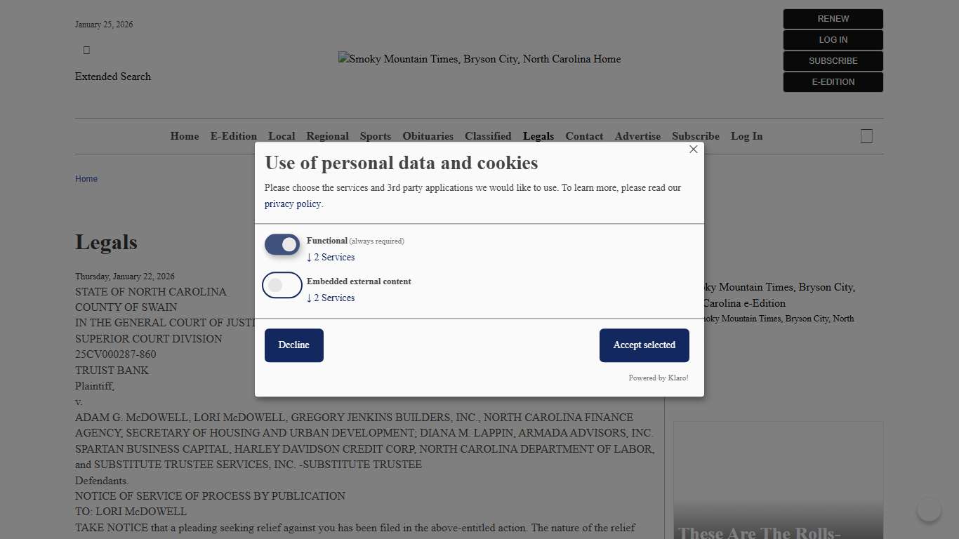 Legals Smoky Mountain Times, Bryson City, North Carolina
